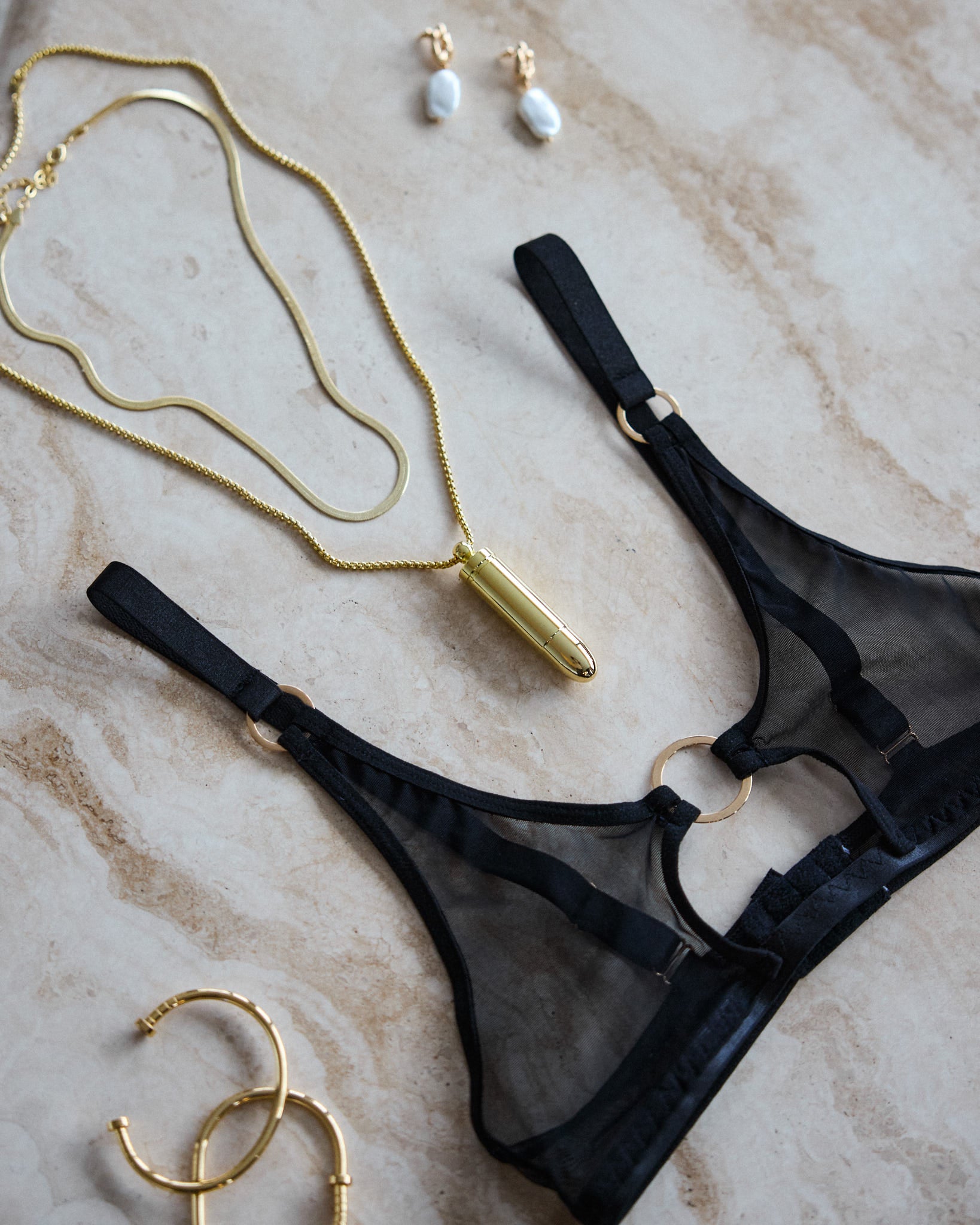 Alexa Mesh Bralette styled with gold necklace and pearl earrings – sophisticated SELF Seductions flatlay