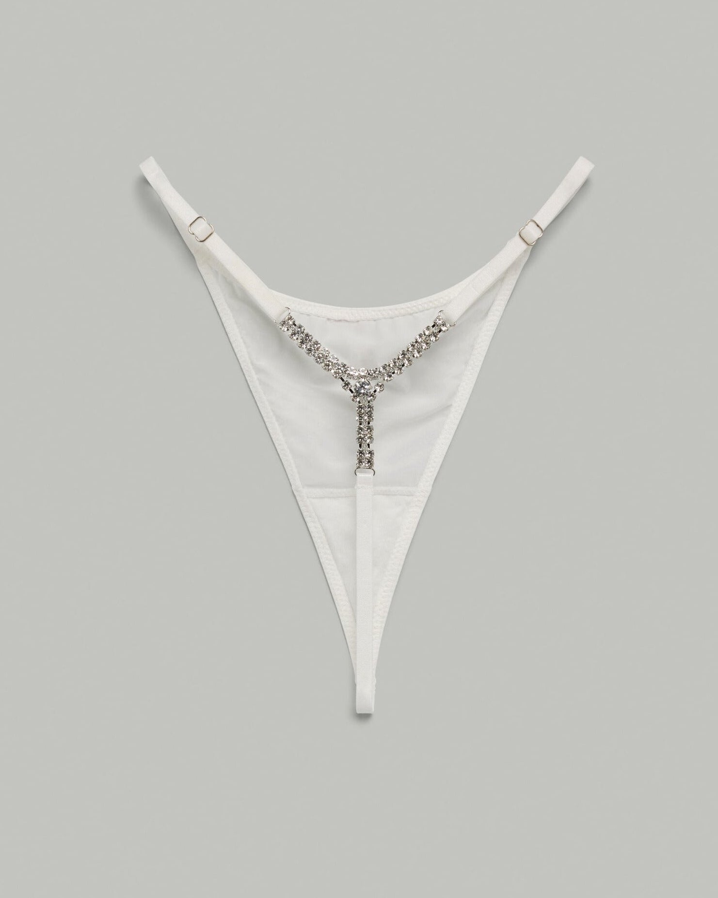 The Lilly Crystal V Thong in White – silky stretch jersey thong with crystal V-chain back detail by SELF Seductions