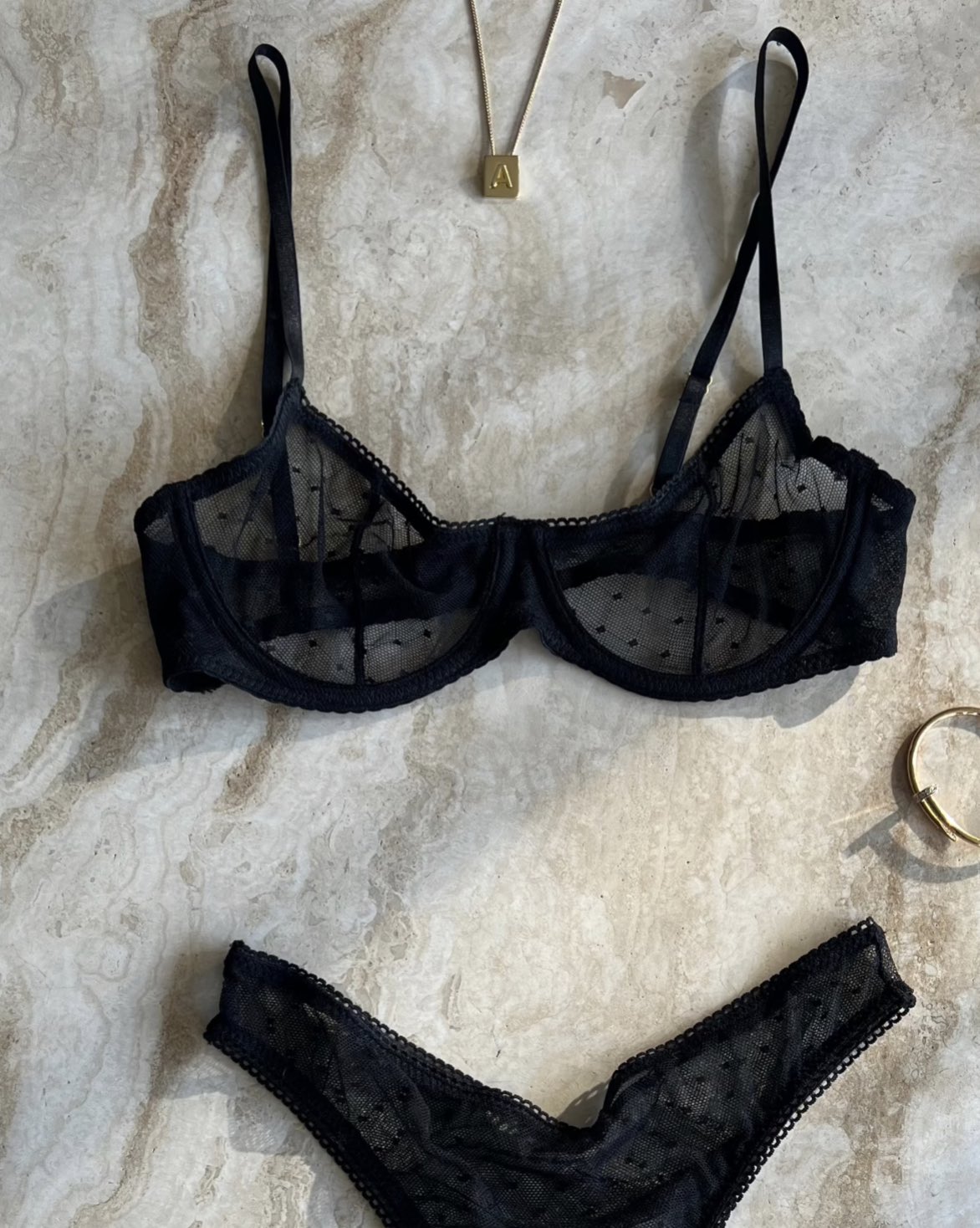 Giselle Stretch Lace Brassiere styled with matching lace brief and gold accessories – elegant lingerie set by SELF Seductions