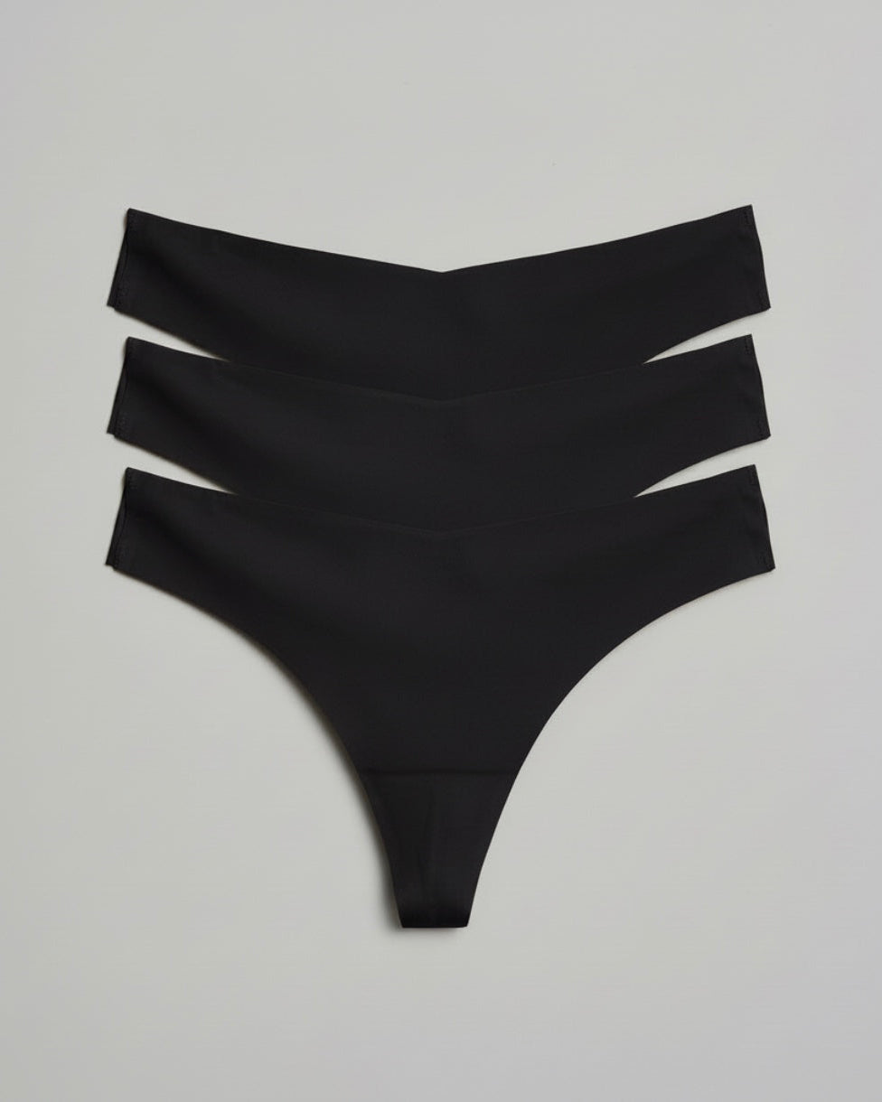 Three black seamless sports cheeky briefs stacked vertically