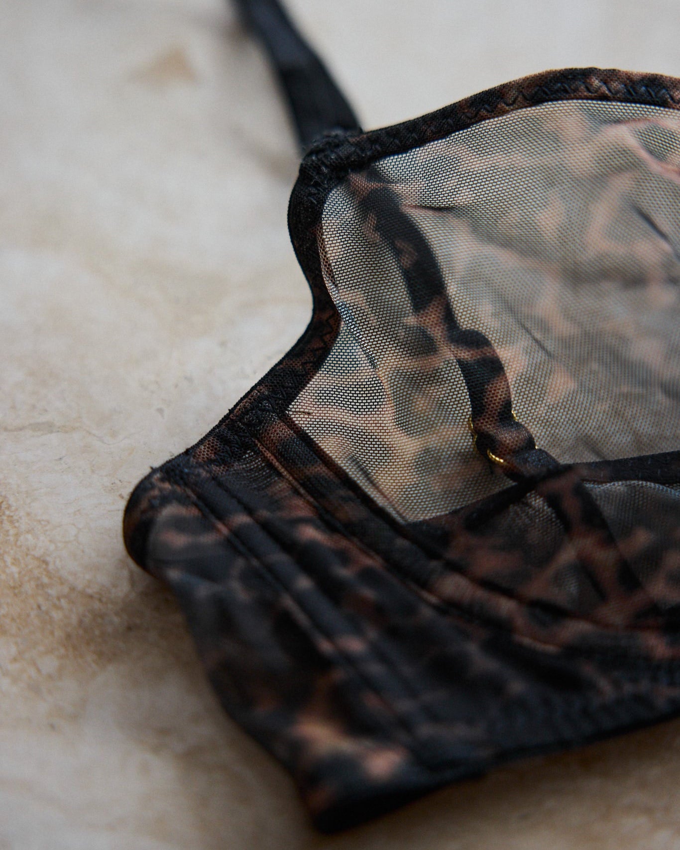Close-up of Yves Leopard Mesh Brassiere showing delicate mesh texture and leopard print pattern