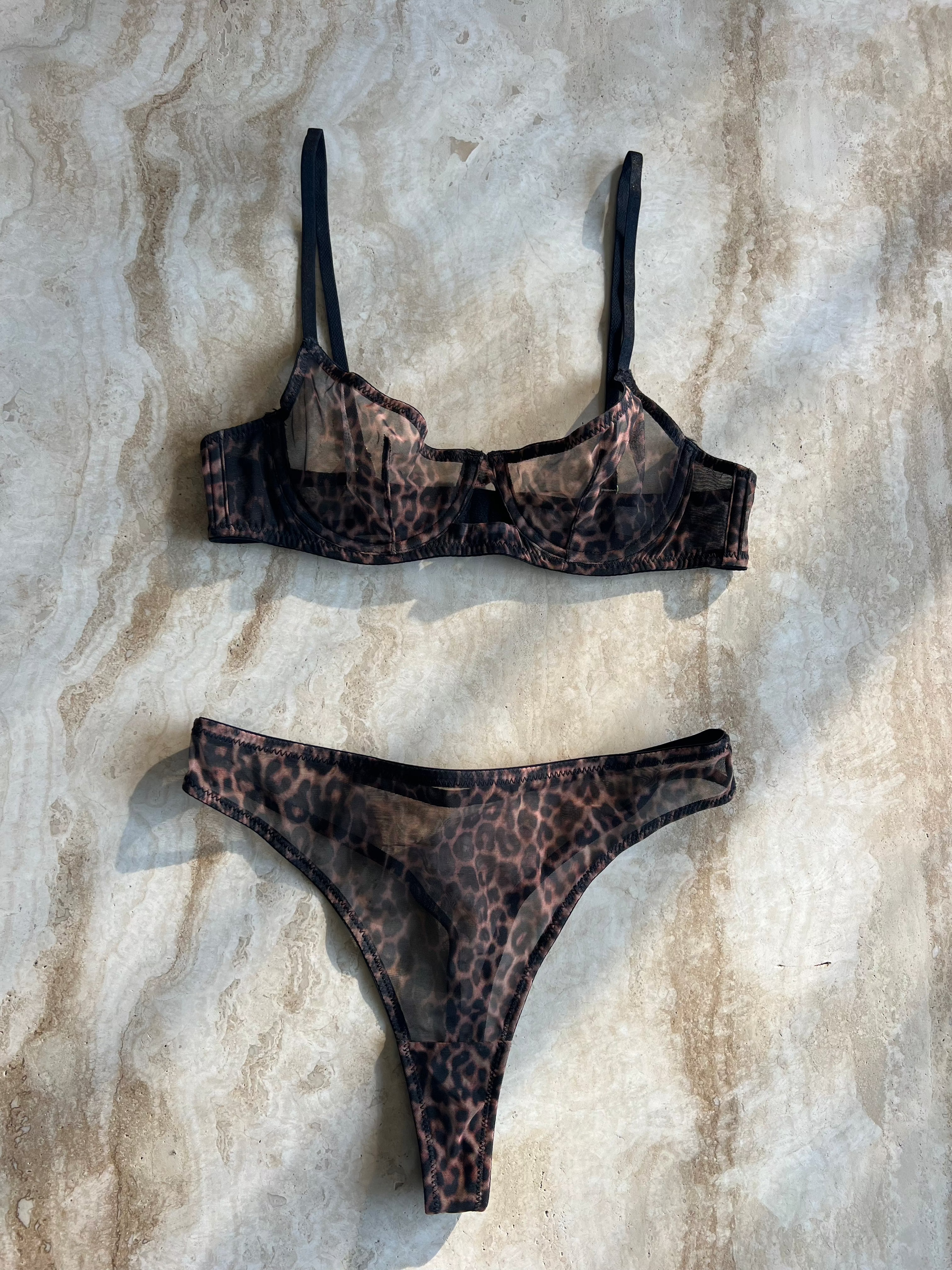 The Yves Leopard Mesh Thong : Brown