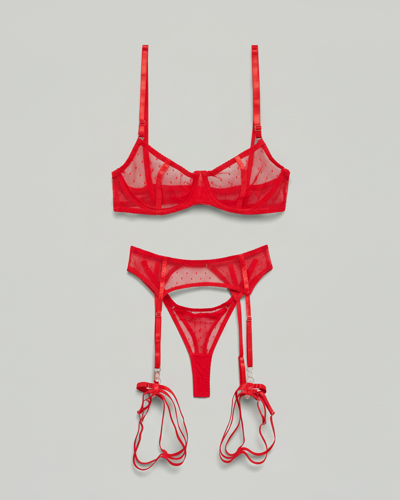 The Bianca red sheer mesh lingerie collection featuring delicate dot texture bra and matching thong with suspender belt on white studio background