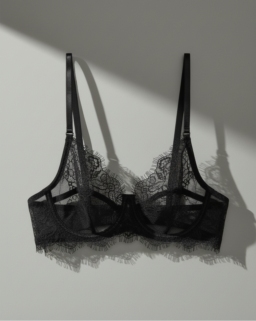 Black lace bralette in soft stretch lace, photographed in studio with natural light coming from the left, creating gentle shadows and a sense of depth against a neutral background.