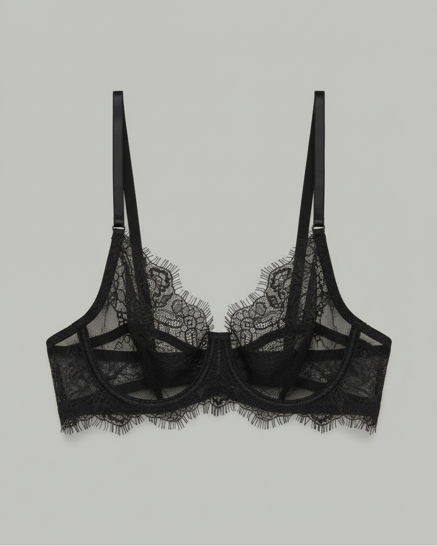 Black lace bralette in soft stretch floral lace, photographed in studio against a neutral grey background, featuring a minimal and elegant design.