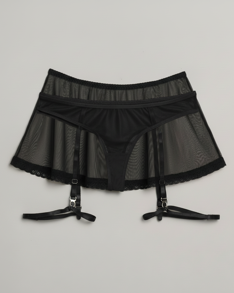 Kjol och strumpeband flat lay