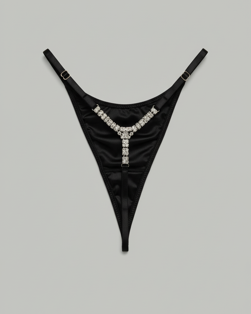 Back view of The Lilly Crystal V Thong in black, featuring minimal coverage and adjustable straps.