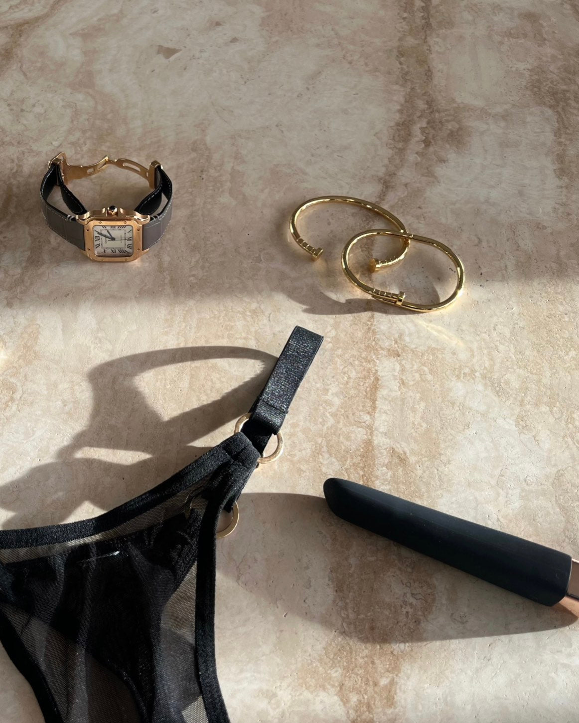 The Little Miss Carter Gold-Plated Bracelet styled with black lingerie and gold wellness accessories in a soft neutral flatlay by SELF Seductions