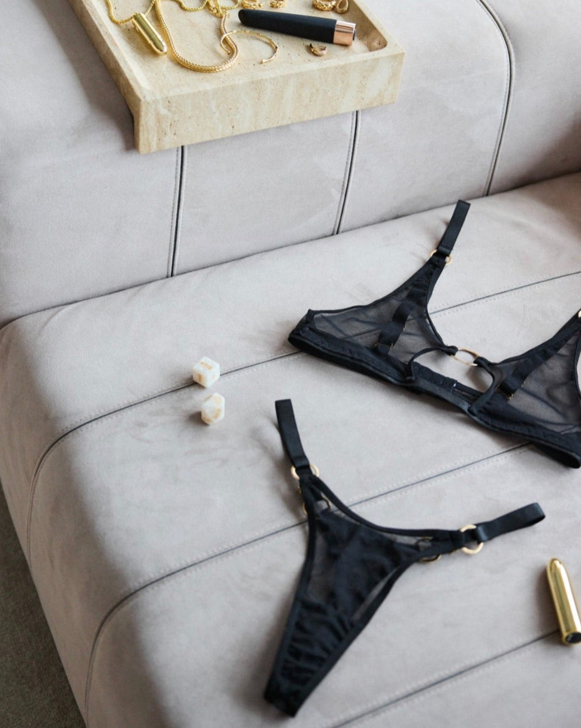 Alexa Mesh Bralette and Thong Set in black mesh with gold details – elegant lingerie styling by SELF Seductions