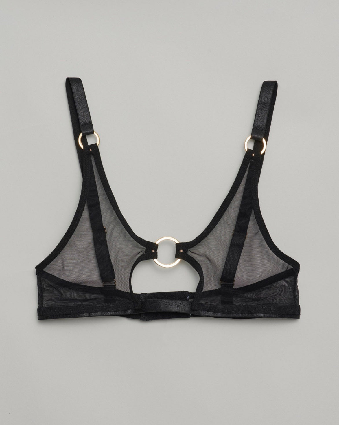 The Alexa Mesh Bralette in black – sheer mesh lingerie top with gold ring detail and bold SELF Seductions design